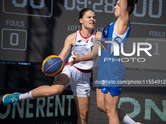 Katsiaryna Lagutkowa participates in the LOTTO 3x3 League basketball game in Sosnowiec, Poland, on September 6, 2024. The Lotto 3x3 Liga tou...