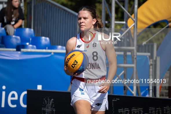 Katsiaryna Lagutkowa participates in the LOTTO 3x3 League basketball game in Sosnowiec, Poland, on September 6, 2024. The Lotto 3x3 Liga tou...