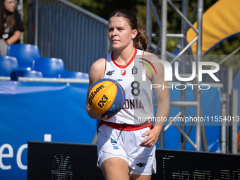 Katsiaryna Lagutkowa participates in the LOTTO 3x3 League basketball game in Sosnowiec, Poland, on September 6, 2024. The Lotto 3x3 Liga tou...