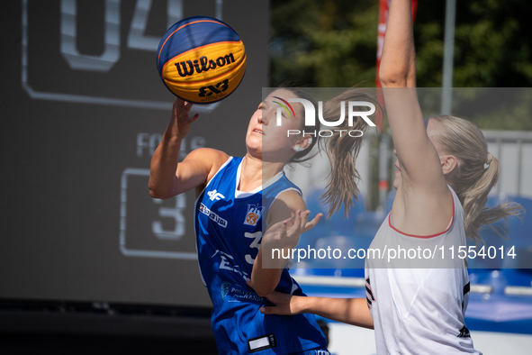 Bianka Napierala participates in the LOTTO 3x3 League basketball game in Sosnowiec, Poland, on September 6, 2024. The Lotto 3x3 Liga tournam...