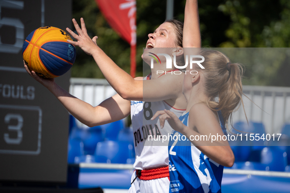 Katsiaryna Lagutkowa participates in the LOTTO 3x3 League basketball game in Sosnowiec, Poland, on September 6, 2024. The Lotto 3x3 Liga tou...