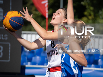 Katsiaryna Lagutkowa participates in the LOTTO 3x3 League basketball game in Sosnowiec, Poland, on September 6, 2024. The Lotto 3x3 Liga tou...