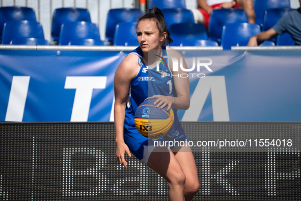 Malina Piasecka participates in the LOTTO 3x3 League basketball game in Sosnowiec, Poland, on September 6, 2024. The Lotto 3x3 Liga tourname...