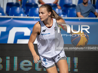 Aleksandra Kuczynska participates in the LOTTO 3x3 League basketball game in Sosnowiec, Poland, on September 6, 2024. The Lotto 3x3 Liga tou...