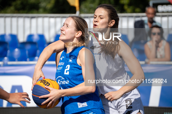 Anastazja Owczarzak and Aleksandra Rok during the LOTTO 3x3 League basketball game in Sosnowiec, Poland, on September 6, 2024. The Lotto 3x3...