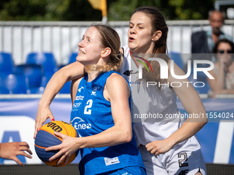 Anastazja Owczarzak and Aleksandra Rok during the LOTTO 3x3 League basketball game in Sosnowiec, Poland, on September 6, 2024. The Lotto 3x3...