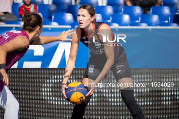 Jowita Ossowska participates in the LOTTO 3x3 League basketball game in Sosnowiec, Poland, on September 6, 2024. The Lotto 3x3 Liga tourname...