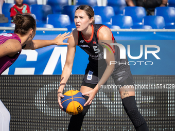 Jowita Ossowska participates in the LOTTO 3x3 League basketball game in Sosnowiec, Poland, on September 6, 2024. The Lotto 3x3 Liga tourname...