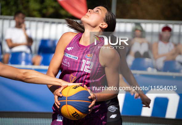 Wiktoria Keller participates in the LOTTO 3x3 League basketball game in Sosnowiec, Poland, on September 6, 2024. The Lotto 3x3 Liga tourname...