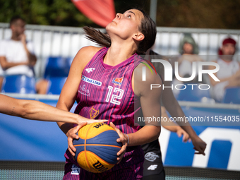 Wiktoria Keller participates in the LOTTO 3x3 League basketball game in Sosnowiec, Poland, on September 6, 2024. The Lotto 3x3 Liga tourname...