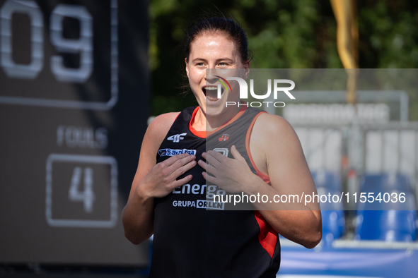 Marta Marcinkowska participates in the LOTTO 3x3 League basketball game in Sosnowiec, Poland, on September 6, 2024. The Lotto 3x3 Liga tourn...