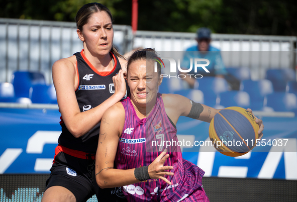 Marta Wieczynska participates in the LOTTO 3x3 League basketball game in Sosnowiec, Poland, on September 6, 2024. The Lotto 3x3 Liga tournam...