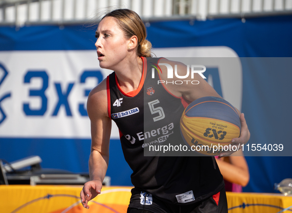 Jowita Ossowska participates in the LOTTO 3x3 League basketball game in Sosnowiec, Poland, on September 6, 2024. The Lotto 3x3 Liga tourname...