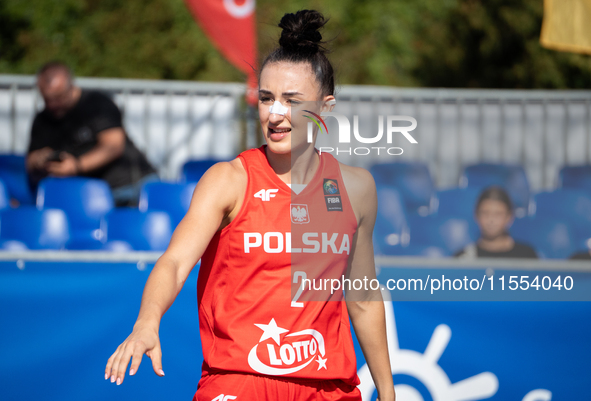 Julia Bazan participates in the LOTTO 3x3 League basketball game in Sosnowiec, Poland, on September 6, 2024. The Lotto 3x3 Liga tournament m...