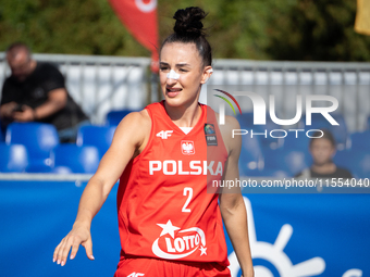 Julia Bazan participates in the LOTTO 3x3 League basketball game in Sosnowiec, Poland, on September 6, 2024. The Lotto 3x3 Liga tournament m...