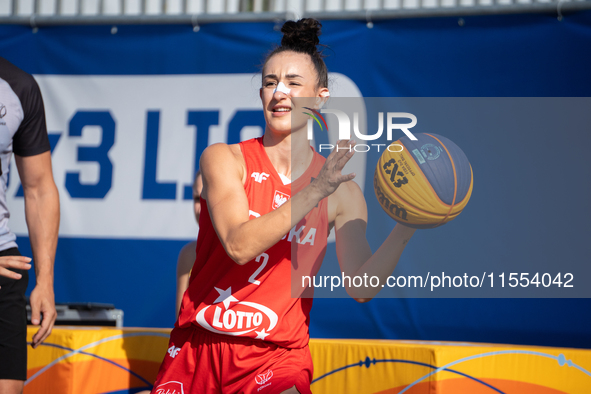 Julia Bazan participates in the LOTTO 3x3 League basketball game in Sosnowiec, Poland, on September 6, 2024. The Lotto 3x3 Liga tournament m...