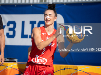 Julia Bazan participates in the LOTTO 3x3 League basketball game in Sosnowiec, Poland, on September 6, 2024. The Lotto 3x3 Liga tournament m...