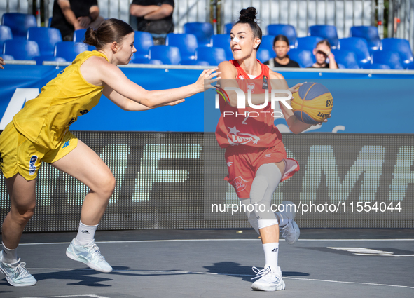 Julia Bazan participates in the LOTTO 3x3 League basketball game in Sosnowiec, Poland, on September 6, 2024. The Lotto 3x3 Liga tournament m...