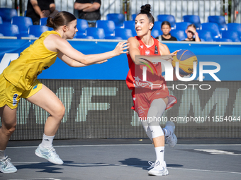 Julia Bazan participates in the LOTTO 3x3 League basketball game in Sosnowiec, Poland, on September 6, 2024. The Lotto 3x3 Liga tournament m...