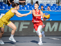 Julia Bazan participates in the LOTTO 3x3 League basketball game in Sosnowiec, Poland, on September 6, 2024. The Lotto 3x3 Liga tournament m...