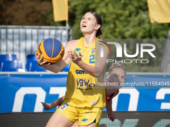 Michalina Fierka participates in the LOTTO 3x3 League basketball game in Sosnowiec, Poland, on September 6, 2024. The Lotto 3x3 Liga tournam...