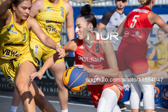 Julia Bazan participates in the LOTTO 3x3 League basketball game in Sosnowiec, Poland, on September 6, 2024. The Lotto 3x3 Liga tournament m...