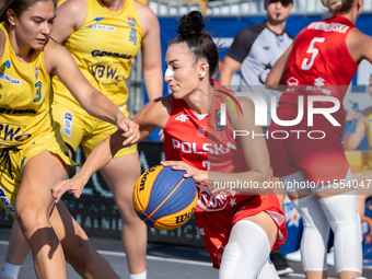 Julia Bazan participates in the LOTTO 3x3 League basketball game in Sosnowiec, Poland, on September 6, 2024. The Lotto 3x3 Liga tournament m...