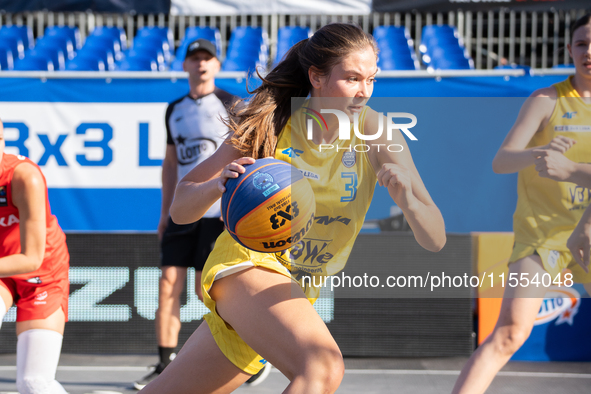 Alicja Zytkowska participates in the LOTTO 3x3 League basketball game in Sosnowiec, Poland, on September 6, 2024. The Lotto 3x3 Liga tournam...