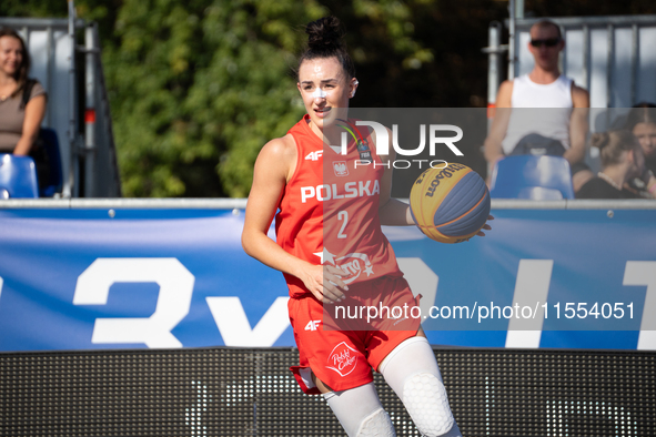 Julia Bazan participates in the LOTTO 3x3 League basketball game in Sosnowiec, Poland, on September 6, 2024. The Lotto 3x3 Liga tournament m...