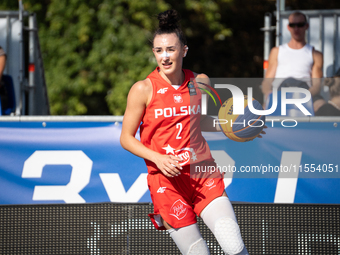 Julia Bazan participates in the LOTTO 3x3 League basketball game in Sosnowiec, Poland, on September 6, 2024. The Lotto 3x3 Liga tournament m...