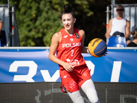 Julia Bazan participates in the LOTTO 3x3 League basketball game in Sosnowiec, Poland, on September 6, 2024. The Lotto 3x3 Liga tournament m...