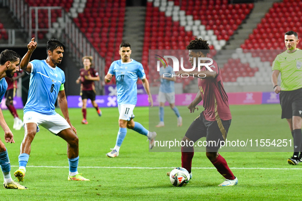 Julien Duranville is in action during Belgium vs. Israel: matchday 1 of the UEFA Nations League 2024-2025, in Debrecen, Hungary, on Septembe...