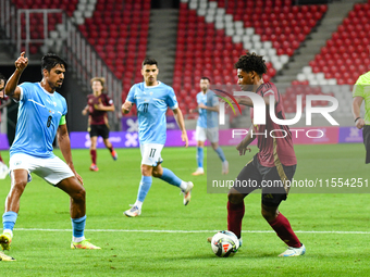 Julien Duranville is in action during Belgium vs. Israel: matchday 1 of the UEFA Nations League 2024-2025, in Debrecen, Hungary, on Septembe...