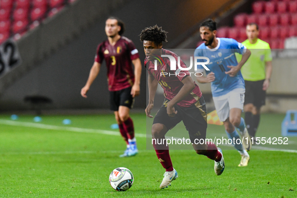 Julien Duranville is in action during Belgium vs. Israel: matchday 1 of the UEFA Nations League 2024-2025, in Debrecen, Hungary, on Septembe...