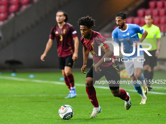 Julien Duranville is in action during Belgium vs. Israel: matchday 1 of the UEFA Nations League 2024-2025, in Debrecen, Hungary, on Septembe...