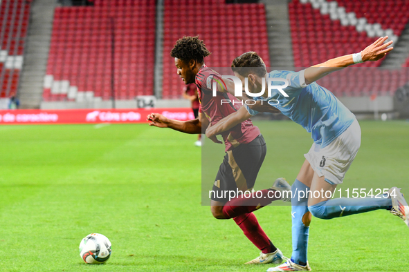 Julien Duranville and Idan Nachmias are in action during Belgium vs. Israel: matchday 1 of the UEFA Nations League 2024-2025, at Nagyerdei S...