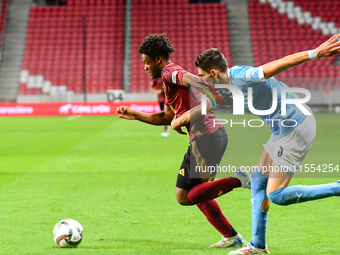 Julien Duranville and Idan Nachmias are in action during Belgium vs. Israel: matchday 1 of the UEFA Nations League 2024-2025, at Nagyerdei S...