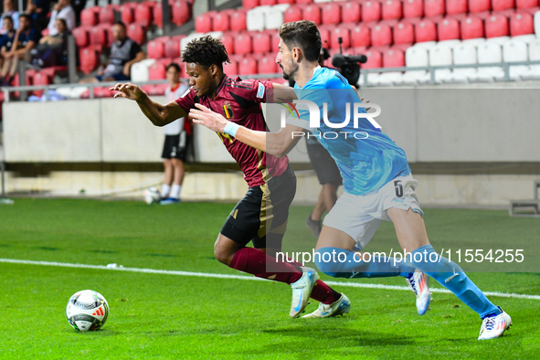 Julien Duranville and Idan Nachmias are in action during Belgium vs. Israel: matchday 1 of the UEFA Nations League 2024-2025, at Nagyerdei S...