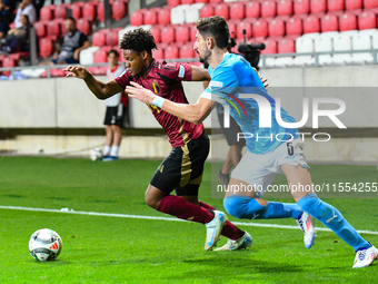 Julien Duranville and Idan Nachmias are in action during Belgium vs. Israel: matchday 1 of the UEFA Nations League 2024-2025, at Nagyerdei S...