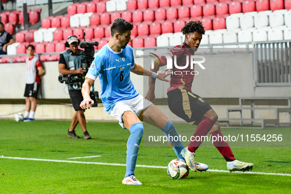 Julien Duranville and Idan Nachmias are in action during Belgium vs. Israel: matchday 1 of the UEFA Nations League 2024-2025, at Nagyerdei S...