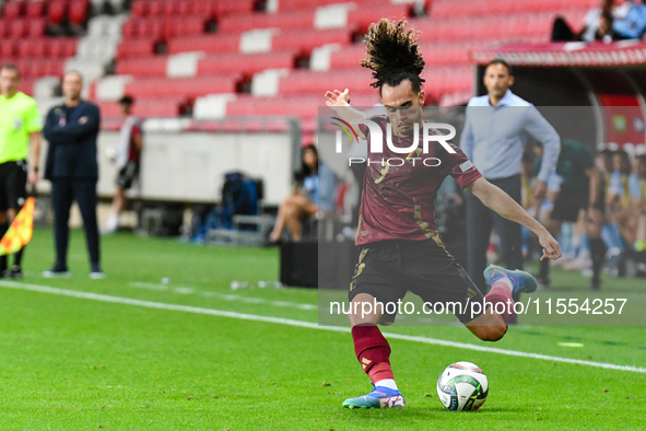 Arthur Theate in action during Belgium vs Israel: matchday 1 of UEFA Nations League 2024-2025, in Debrecen, Hungary, on September 6, 2024 