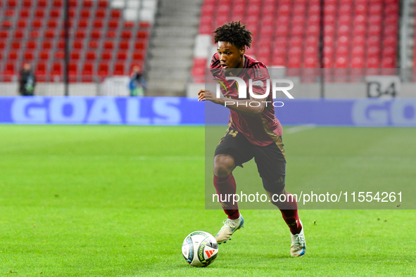 Julien Duranville is in action during Belgium vs. Israel: matchday 1 of the UEFA Nations League 2024-2025, in Debrecen, Hungary, on Septembe...