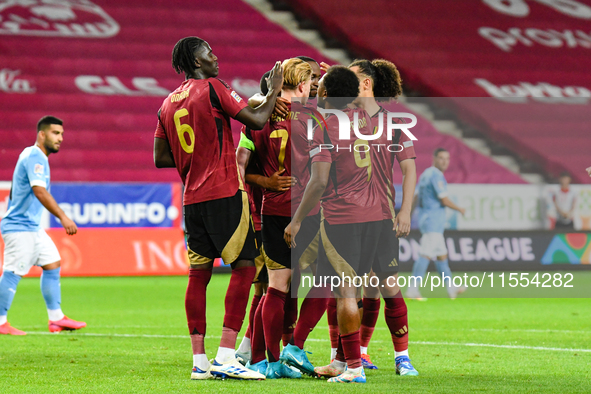 Players of Belgium celebrate during Belgium vs Israel: matchday 1 of UEFA Nations League 2024-2025, at Nagyerdei Stadion in Debrecen, Hungar...