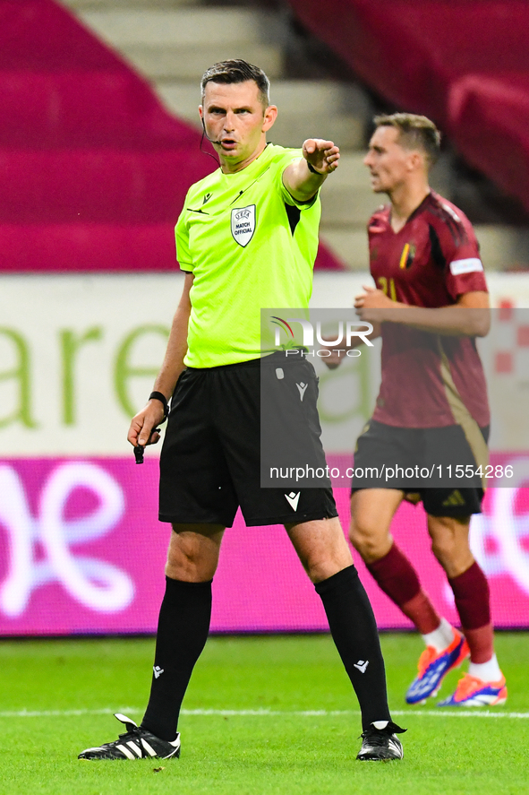 Michael Oliver officiates during Belgium vs Israel: matchday 1 of UEFA Nations League 2024-2025, at Nagyerdei Stadion in Debrecen, Hungary,...