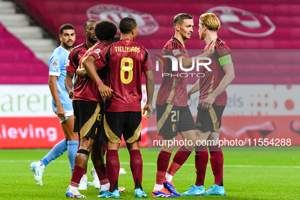 Players of Belgium celebrate during Belgium vs Israel: matchday 1 of UEFA Nations League 2024-2025, at Nagyerdei Stadion in Debrecen, Hungar...