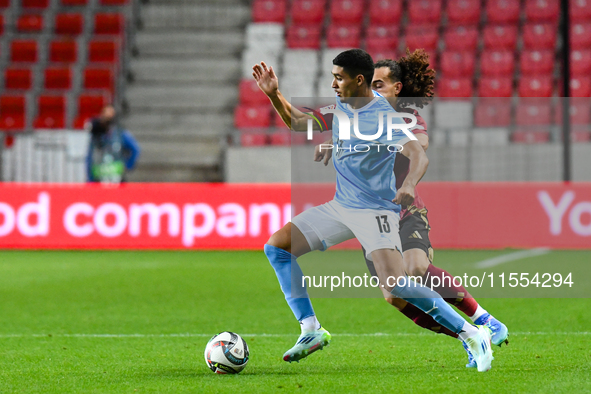 Anan Khalaili and Arthur Theate are in action during Belgium vs Israel: matchday 1 of UEFA Nations League 2024-2025, at Nagyerdei Stadion in...