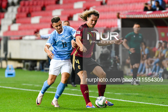 Denny Gropper and Wout Faes are in action during Belgium vs Israel: matchday 1 of UEFA Nations League 2024-2025, at Nagyerdei Stadion in Deb...