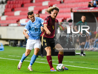 Denny Gropper and Wout Faes are in action during Belgium vs Israel: matchday 1 of UEFA Nations League 2024-2025, at Nagyerdei Stadion in Deb...