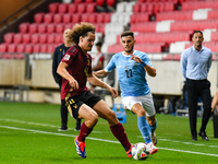 Denny Gropper and Wout Faes are in action during Belgium vs. Israel: matchday 1 of UEFA Nations League 2024-2025, in Debrecen, Hungary, on S...