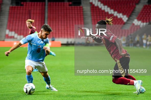 Jeremy Doku and Manor Solomon are in action during Belgium vs Israel: matchday 1 of UEFA Nations League 2024-2025, in Debrecen, Hungary, on...